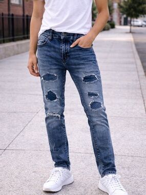 Kilogram Men’s Slim Straight Distressed Jeans - Blue size 34